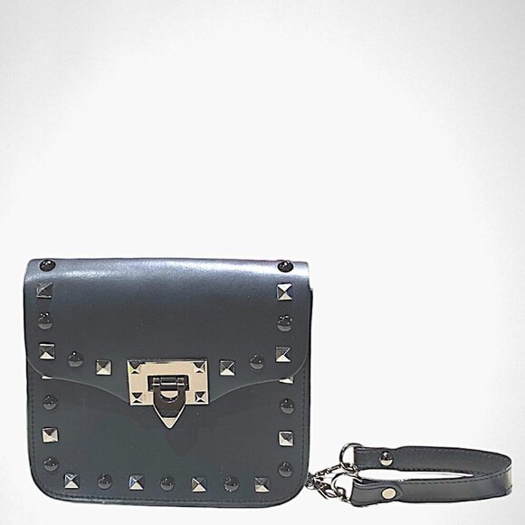 Borse in Pelle Black Studded Matte Leather Crossbody Bag w/Chainstrap - Picture 3 of 15